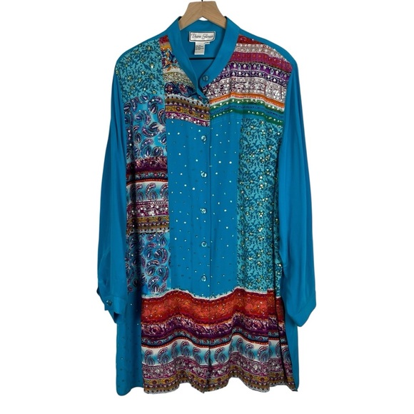Vintage 100% Silk Multi-Print Full Button Tunic Top Blouse Diane Gilman Blue 3X - Picture 1 of 9